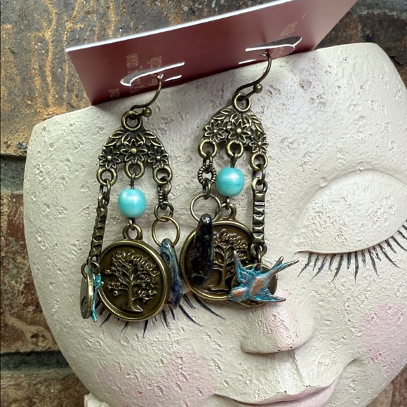 Vintage Bronze Tree of Life Earrings with glass Turquoise Accents - Picture 1 of 5